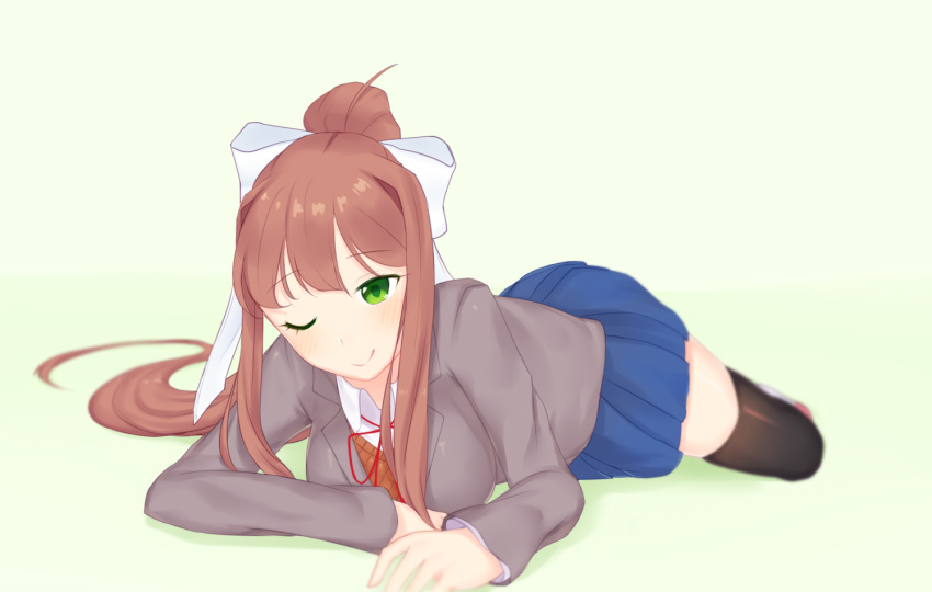 1girl bangs blazer blue_skirt blush bow breasts brown_hair brown_vest doki doki_doki_literature_club full_body green_eyes hair_bow hair_ornament jacket long_hair lying medium_breasts monika_(doki_doki_literature_club) on_stomach one_eye_closed ponytail red_ribbon ribbon school_uniform sidelocks skirt smile stockings thighhighs very_long_hair vest wink