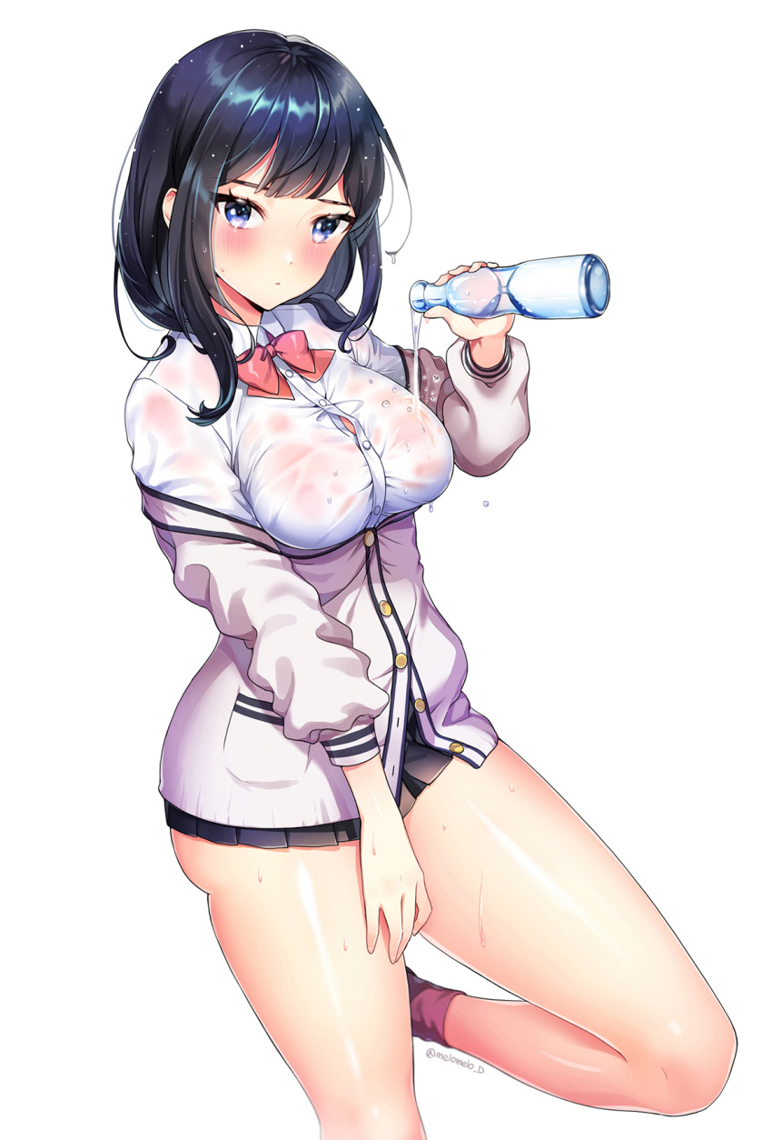 1girl bangs black_hair black_skirt blue_eyes blush bottle bow bowtie breasts buttons cardigan collared_shirt dress_shirt highres holding leg_up long_hair looking_at_viewer medium_breasts melomelo_d microskirt pink_bow pink_neckwear pleated_skirt pouring pouring_onto_self shirt simple_background skirt sleeves_past_elbows solo ssss.gridman takarada_rikka thighhighs thighs water_bottle wet wet_clothes wet_shirt white_background white_cardigan white_shirt
