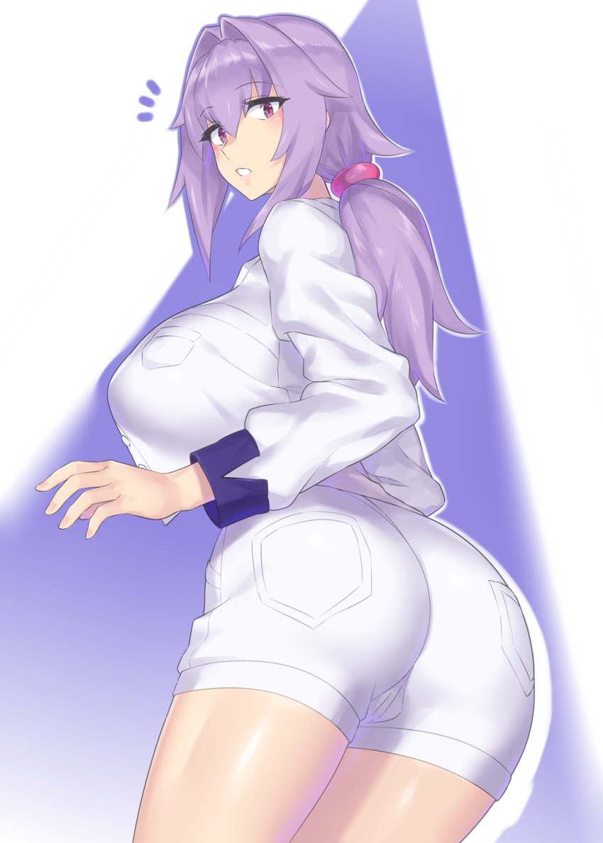 1girl ass back blush breasts cowboy_shot from_behind highres kanata_(evuoaniramu) large_breasts lavender_hair long_hair looking_at_viewer looking_back low_ponytail mizuumi_(bb) open_mouth original ponytail purple_eyes purple_hair simple_background solo standing thighs