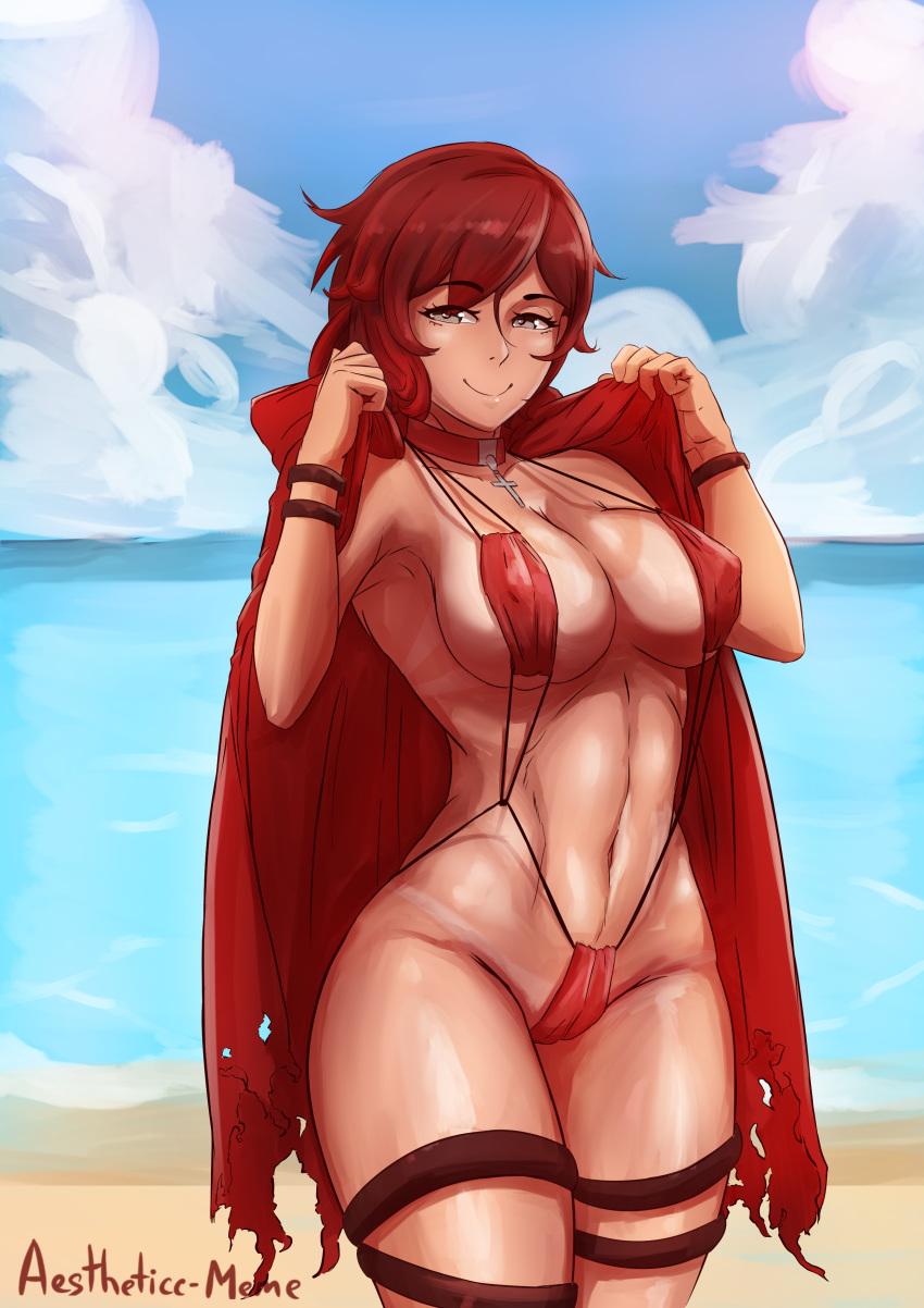 1girl absurdres aestheticc-meme beach belly bikini breasts cape choker cleavage cloud cross erect_nipples female hands highres hips large_breasts legs looking_at_viewer navel nipple_bulge nipples outdoors red_cape red_hair ruby_rose rwby shiny shiny_hair shiny_skin silver_eyes sky slender_waist smile solo standing stomach strap swimsuit thighs wide_hips