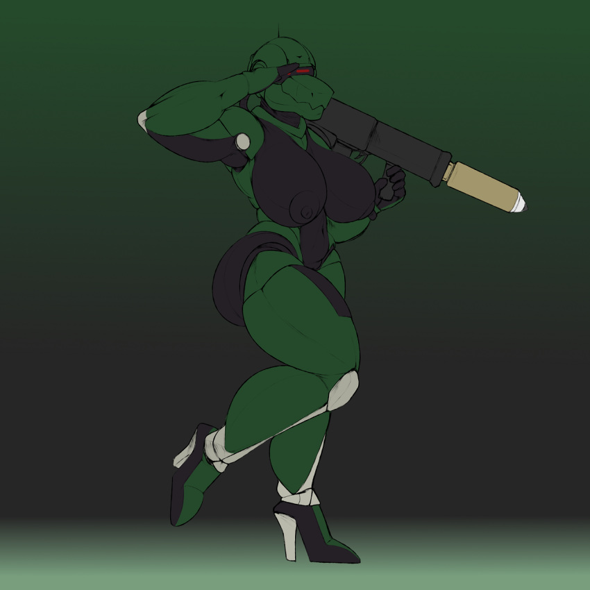 1_eye 2018 android antennae bald big_breasts big_butt big_nipples breasts bubble_butt butt clothing digital_media_(artwork) female footwear gradient_background hi_res high_heels holding_object holding_weapon huge_breasts machine mel_(beyxer) navel nipples nolollygagging not_furry nude one_leg_up pinup pose puffy_nipples pussy raised_leg ranged_weapon robot rocket_launcher rubber salute shoes simple_background solo standing thick_thighs voluptuous weapon wide_hips wire