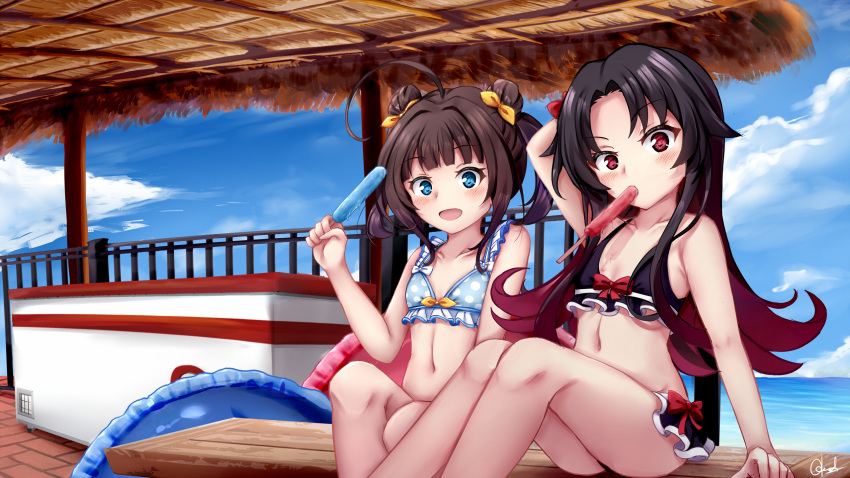 2girls :d arm_up bangs bare_arms bare_shoulders bench bikini black_bikini black_hair blue_bikini blue_sky blush bow chrisandita cloud collarbone day double_bun eyebrows_visible_through_hair food food_in_mouth gradient_hair hair_bow hair_ribbon hand_behind_head highres hinatsuru_ai holding holding_food horizon innertube knees_up letterboxed long_hair mouth_hold multicolored_hair multiple_girls navel ocean on_bench open_mouth outdoors parted_bangs polka_dot polka_dot_bikini popsicle railing red_bow red_eyes red_hair ribbon ryuuou_no_oshigoto! signature sitting sky smile swimsuit twintails v-shaped_eyebrows very_long_hair water yashajin_ai yellow_ribbon