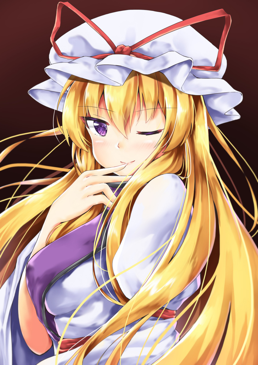 1girl ;) absurdres akiteru98 bangs blonde_hair blush breasts brown_background commentary dress eyebrows_visible_through_hair finger_to_mouth gradient gradient_background hair_between_eyes hand_up hat hat_ribbon highres juliet_sleeves large_breasts long_hair long_sleeves looking_at_viewer mob_cap one_eye_closed puffy_sleeves purple_eyes red_ribbon ribbon smile solo tabard touhou upper_body very_long_hair white_dress white_headwear wide_sleeves yakumo_yukari