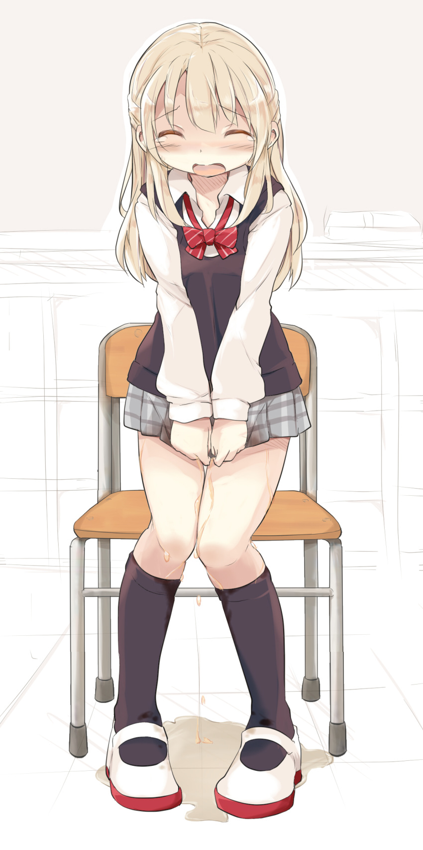 1girl bangs black_legwear black_vest blonde_hair blush bow bowtie chair chalkboard classroom embarrassed eyebrows_visible_through_hair eyes_closed female flat_chest full_body grey_skirt have_to_pee highres indoors kamome_shop kneehighs knees-together_feet_apart long_hair long_sleeves miniskirt nose_blush open_mouth original peeing peeing_self plaid plaid_skirt pleated_skirt puddle red_neckwear shirt shoes skirt solo standing tears tied_hair vest wet wet_clothes white_footwear white_shirt