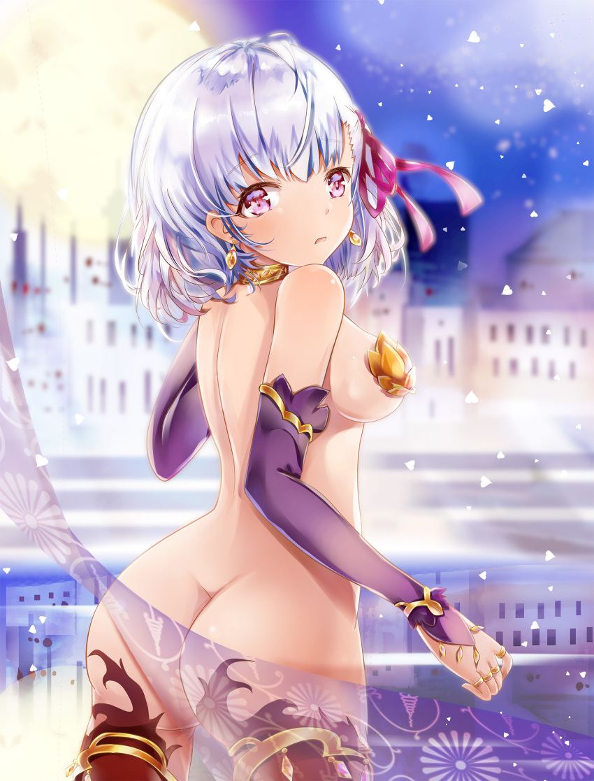 1girl absurdres ass bangs blurry blurry_background breasts brown_legwear commentary_request depth_of_field detached_sleeves earrings eyebrows_visible_through_hair fate/grand_order fate_(series) hair_between_eyes hair_ribbon head_tilt highres jewelry kama_(fate/grand_order) long_hair long_sleeves looking_at_viewer looking_back medium_breasts mutang nude parted_lips purple_eyes purple_ribbon purple_sleeves ribbon ring see-through silver_hair sleeves_past_wrists solo thighhighs