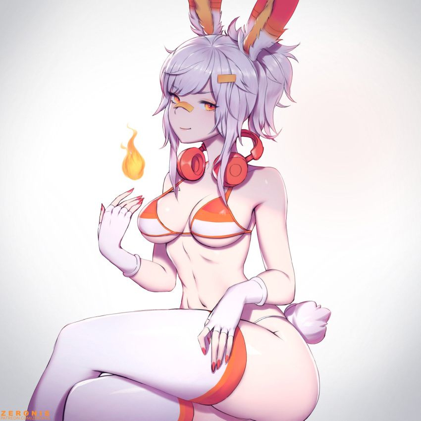 1girl animal_ears artist_name bandaid bandaid_on_nose banned_artist bikini breasts bunny_ears bunny_tail creatures_(company) fingerless_gloves fire flame game_freak gen_8_pokemon gloves grey_background hair_ornament hairclip headphones headphones_around_neck highres legs_crossed looking_at_viewer medium_breasts nail_polish nintendo orange_bikini orange_eyes paul_kwon personification pokemon pokemon_(game) pokemon_swsh red_nails scorbunny short_hair short_ponytail silver_hair simple_background sitting smile solo striped striped_bikini swimsuit tail thighhighs