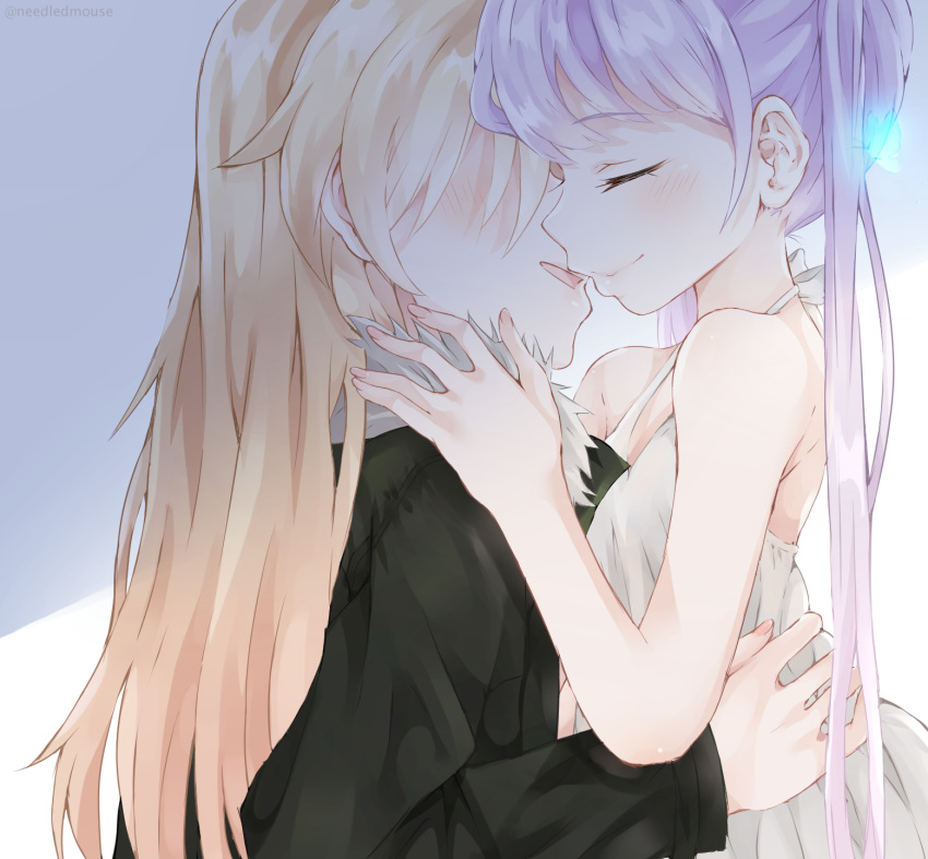 2girls bangs bare_arms bare_shoulders black_coat blonde_hair blush dress eyes_closed hands_on_another's_shoulders hands_on_another's_waist hidden_eyes highres imminent_kiss long_hair multiple_girls needledmouse new_game! purple_hair simple_background sleeveless smile suzukaze_aoba white_dress yagami_kou yuri