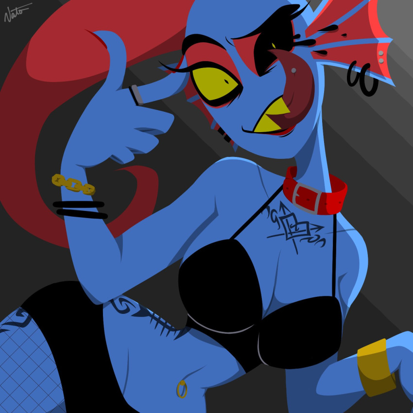 2019 anthro big_breasts black_sclera blue_skin bra bracelet breasts cleavage clothed clothing collar colored_nails ear_frills ear_piercing eyelashes female finger_gun fish fishnet fishnet_legwear frill hair hi_res jewelry legwear long_hair looking_at_viewer marine nato_osushi navel navel_piercing no_iris non-mammal_breasts piercing ponytail pose red_hair ring scalie sharp_teeth small_waist smile solo stockings tattoo teeth thigh_highs tongue tongue_out tongue_piercing undertale underwear underwear_only undyne video_games wide_hips yellow_sclera