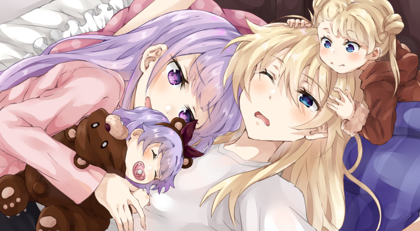 4girls animal_costume bangs bear_costume bear_hair_ornament blue_eyes blush child closed_mouth double_bun eyebrows_visible_through_hair hair_ornament hairband head_on_another's_shoulder highres ips_cells long_hair lying multiple_girls needledmouse new_game! on_back on_side one_eye_closed open_mouth pacifier pillow purple_eyes sleeping smile suzukaze_aoba twintails yagami_kou yuri