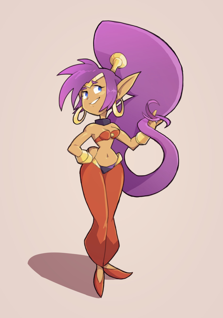 absurd_res blue_eyes breasts capcom clothing dark_skin ear_piercing ear_ring female footwear genie hair hi_res humanoid long_hair navel not_furry piercing pointy_ears ponytail prismaticdragee purple_hair shantae shantae_(series) simple_background smile solo video_games wayforward