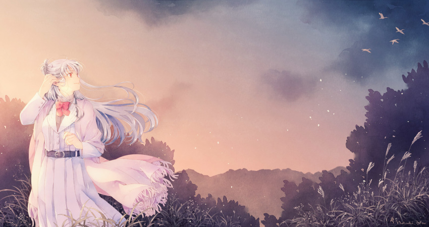 1girl artist_name belt bird bow flock hand_up highres lavender_skirt light_smile long_hair long_sleeves looking_to_the_side looking_up original outdoors red_bow red_eyes silver_hair solo standing twilight uniform yue_natsuki