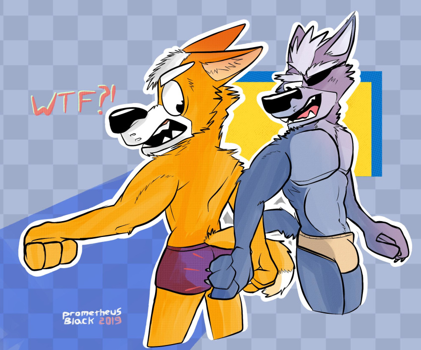 anthro butt butt_grab butt_slap canid canine canis clothing fox fox_mccloud hand_on_butt hi_res male male/male mammal mostly_nude nintendo prometheusblack slap speedo star_fox swimsuit text video_games wolf wolf_o'donnell