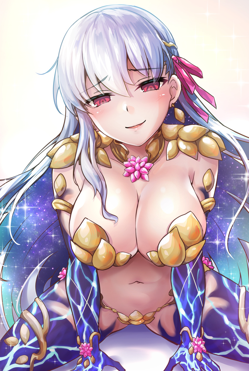 1girl absurdres armlet bangs blush breasts cleavage earrings fate/grand_order fate_(series) flower hair_ribbon highres jewelry kama_(fate/grand_order) large_breasts long_hair looking_at_viewer navel parted_lips red_eyes ribbon samoore silver_hair smile solo sparkle thighs