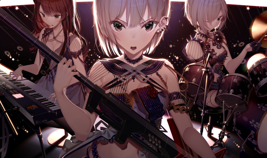 3girls armlet atha_(leejuiping) bangs blush breasts brown_eyes brown_hair collarbone crop_top dress drum drum_set drumsticks earrings electric_guitar eyebrows_visible_through_hair girls_frontline green_eyes guitar hair_between_eyes highres holding holding_instrument instrument jewelry js05_(girls_frontline) long_hair looking_at_viewer medium_breasts mg5_(girls_frontline) midriff multiple_earrings multiple_girls music one_eye_closed open_mouth piano playing_instrument red_eyes short_hair silver_hair sitting spikes very_long_hair wa2000_(girls_frontline)