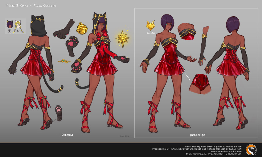 1girl animal_ears animal_hood back bare_shoulders bell bow bridal_gauntlets cammy_white capcom cat_ears cat_hood cat_tail character_sheet claws concept_art dark_skin dress elbow_gloves full_body gloves green_eyes highres hood kelly_tan leg_ribbon looking_at_viewer menat multiple_views official_art paw_gloves paws purple_hair red_dress ribbon sandals standing street_fighter street_fighter_v tail watermark