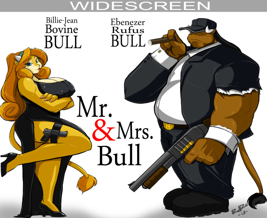 bovid bovine breasts cattle cigar cleavage clothed clothing dress gun hi_res mammal movie_poster mr._and_mrs._smith muscular parody ranged_weapon shonuff shonuff44 tuxedo weapon