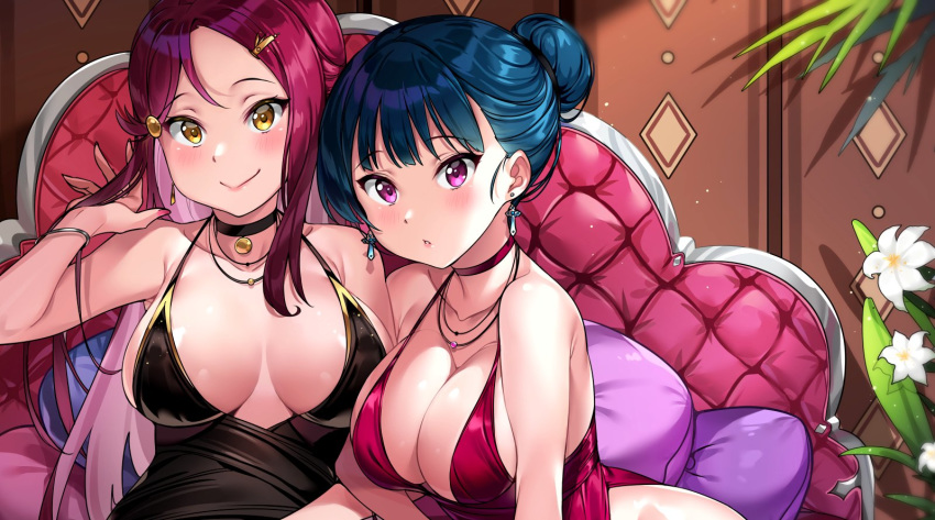 2girls bangs bare_shoulders black_dress blue_hair bracelet breasts choker cleavage closed_mouth dress earrings eyebrows_visible_through_hair hair_bun hair_ornament hair_tucking hairclip indoors jewelry large_breasts legs_crossed looking_at_viewer love_live! love_live!_sunshine!! multiple_girls nail_polish necklace parted_bangs parted_lips purple_eyes red_dress red_hair sakurauchi_riko shiny shiny_skin sitting smile symbol_commentary tem10 tsushima_yoshiko yellow_eyes