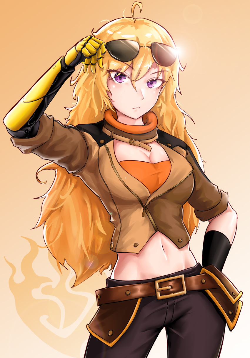 1girl absurdres ahoge amputee blonde_hair breasts cleavage highres large_breasts long_hair midriff navel prosthesis prosthetic_arm rwby sunglasses violet_eyes yang_xiao_long