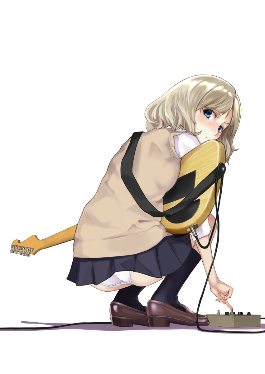 1girl ashiya_hiro ass black_legwear blue_eyes blue_skirt blush brown_footwear cable closed_mouth electric_guitar from_behind full_body guitar highres instrument kneehighs loafers looking_at_viewer looking_back miniskirt original panties pantyshot pantyshot_(squatting) pleated_skirt school_uniform shirt shoes short_hair short_sleeves silver_hair simple_background skirt solo squatting sweater_vest underwear upskirt white_background white_shirt