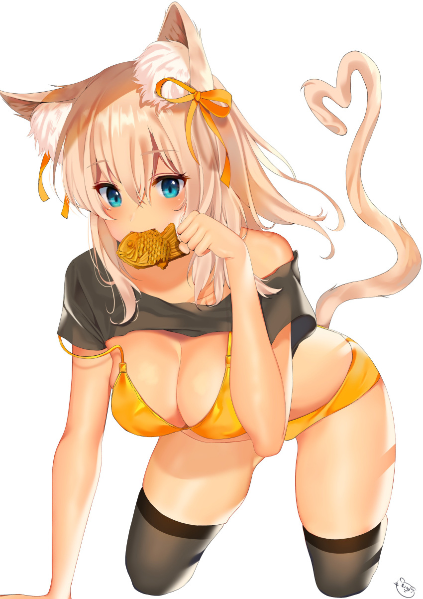 1girl absurdres all_fours animal_ears bent_over bikini black_legwear blonde_hair blue_eyes breasts cat_ears cat_tail cleavage cowboy_shot cropped_legs eyebrows_visible_through_hair food gluteal_fold hair_between_eyes hair_ribbon highres inushima large_breasts light_brown_hair long_hair mouth_hold orange_bikini original paw_pose ribbon simple_background skindentation solo strap_slip swimsuit tail thighhighs white_background