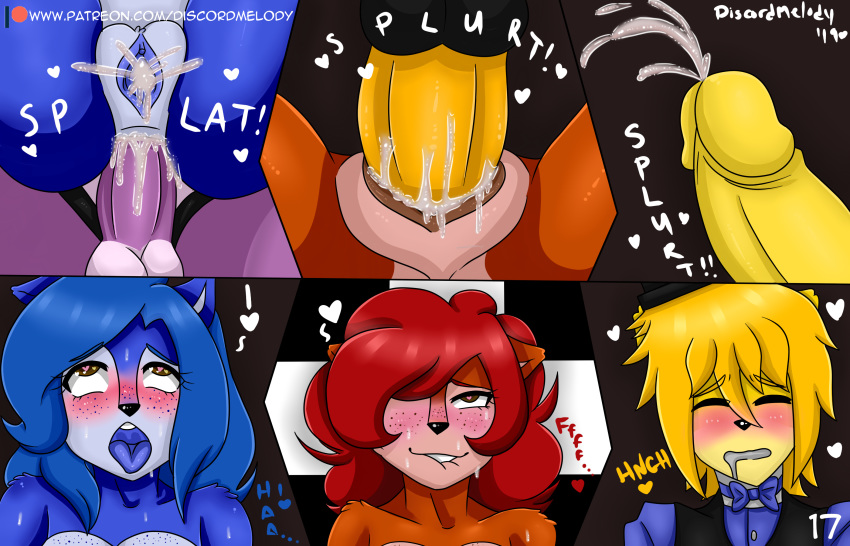 ahegao animatronic anthro balls blush comic cum cum_in_ass cum_in_pussy cum_inside cumshot dim discordmelody double_penetration ejaculation female five_nights_at_freddy's freckles golden_freddy_(fnaf) hi_res jasmine_ivory looking_pleasured lying machine male male/female mammal missionary_position on_back orgasm orgasm_face penetration penis pussy robot sex text video_games