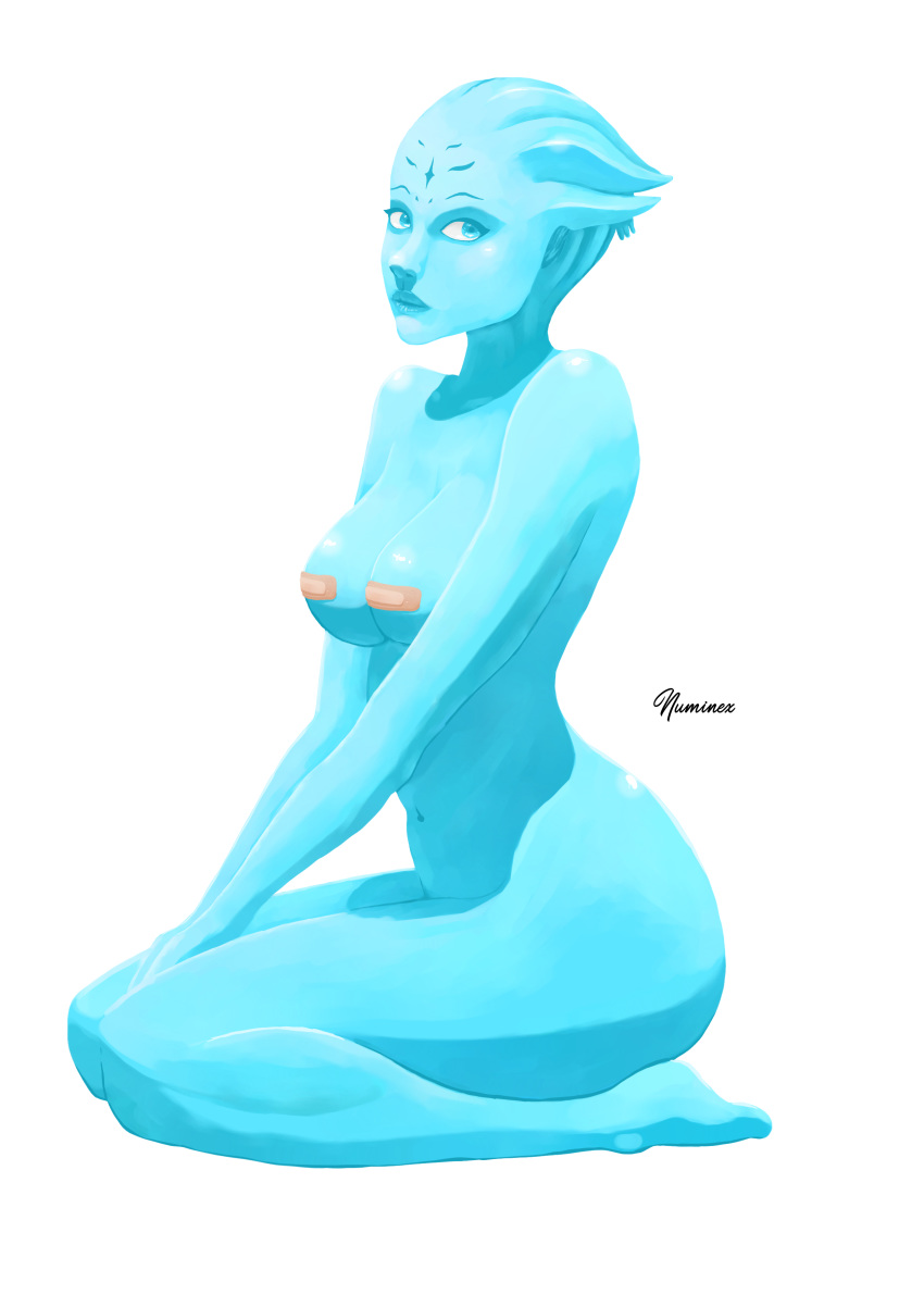 2017 absurd_res alien asari band-aid bandage blue_eyes blue_skin breasts female hi_res humanoid kneeling lips looking_at_viewer mass_effect nude numinex simple_background sitting solo video_games white_background