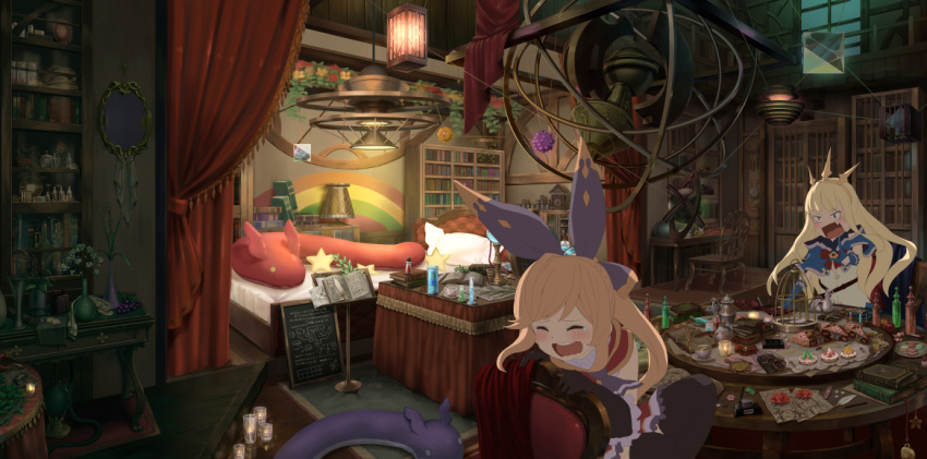 2girls bed birdcage blonde_hair blue_eyes bookshelf brown_hair cage cagliostro_(granblue_fantasy) cape clarisse_(granblue_fantasy) cup eyes_closed fang_out flower_pot gloves granblue_fantasy hair_ribbon indoors light light_brown_hair multiple_girls o_(rakkasei) ouroboros_(granblue_fantasy) plant ponytail ribbon scenery table teacup teapot tearing_up test_tube tiara turtleneck wavy_mouth