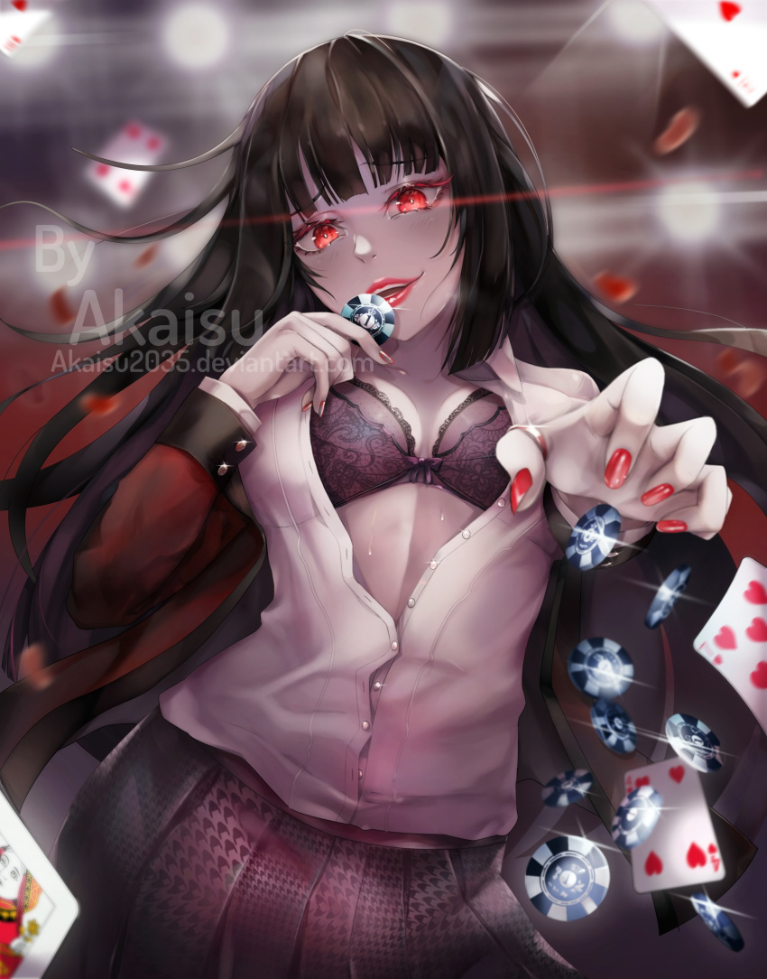 1girl absurdres akaisu bangs black_hair bra breasts cards highres hime_cut jabami_yumeko jacket kakegurui large_breasts lipstick long_hair looking_at_viewer makeup medium_breasts nail_polish open_clothes open_jacket playing_cards poker_chips red_eyes red_lips red_nails school_uniform skirt solo underwear