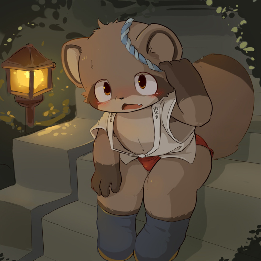 2019 anthro blush brown_fur bulge canid canine clothing cub cute_fangs fur hi_res humanoid_hands male mammal moketiw night raccoon_dog robe sitting solo tanuki underwear young