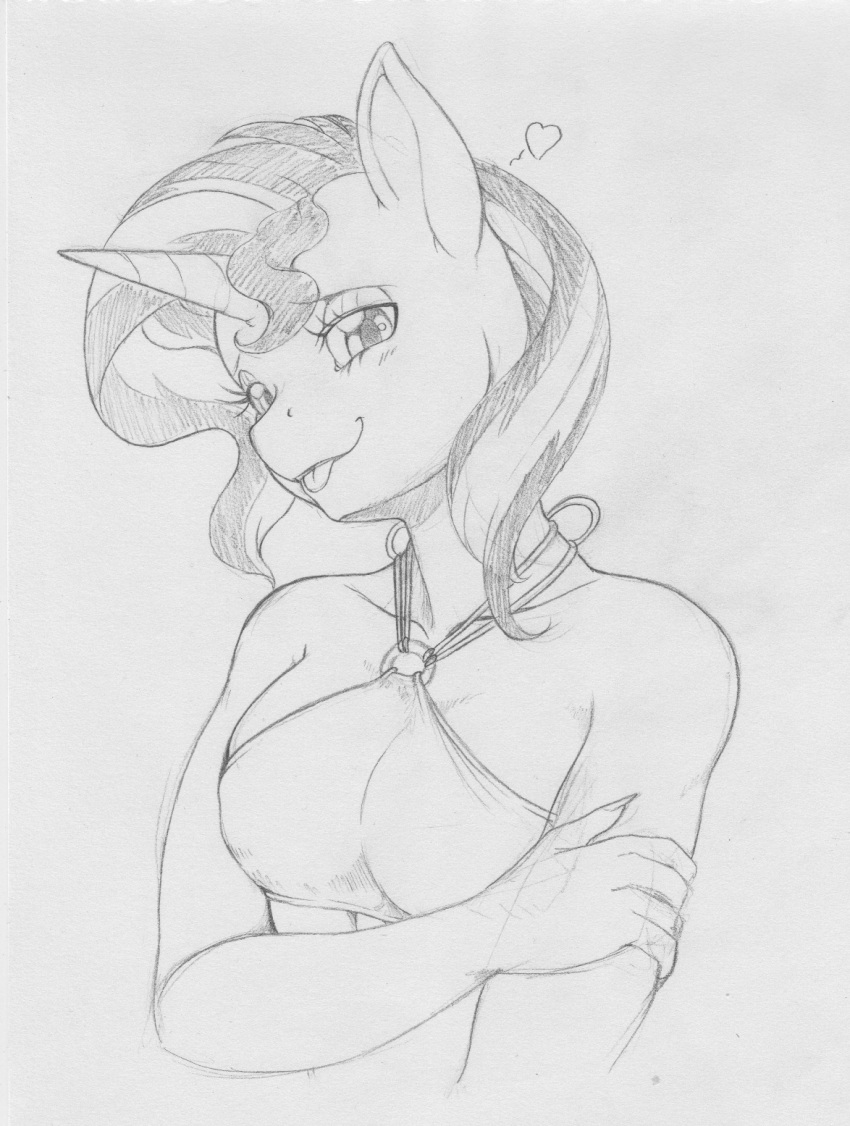 &lt;3 anthro anthrofied clothing equestria_girls equid female hi_res horn longinius mammal monochrome my_little_pony portrait pose sketch solo sunset_shimmer_(eg) swimsuit tongue tongue_out unicorn