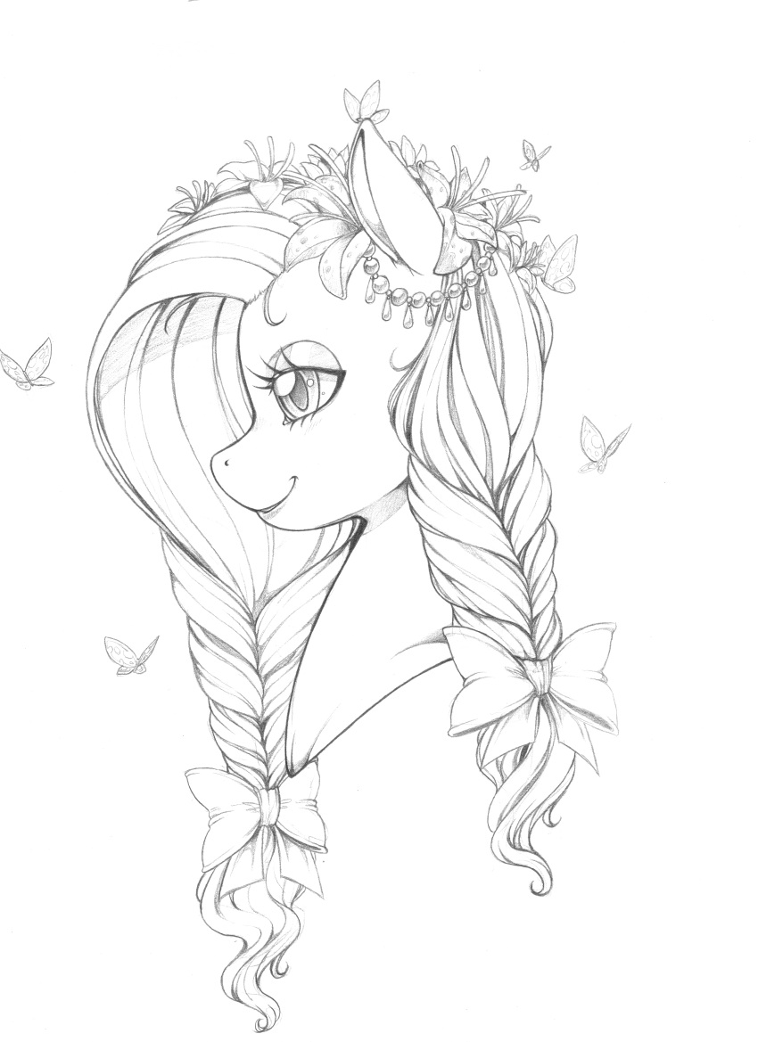 absurd_res arthropod bow braided_hair butterfly female fluttershy_(mlp) friendship_is_magic hair hi_res insect lepidopteran longinius monochrome my_little_pony portrait sketch solo