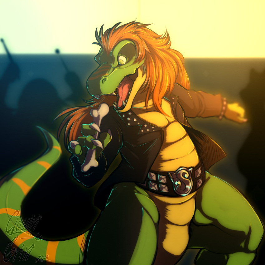 4_fingers absurd_res anthro belt better_version_at_source bottomless claws clothed clothing clowngrin digital_media_(artwork) dinosaur fangs front_view green_eyes green_scales hair herra_hevisaurus hevisaurus hi_res jacket male microphone open_mouth orange_hair pecs reptile scales scalie singing solo standing theropod tongue tyrannosaurid tyrannosaurus tyrannosaurus_rex