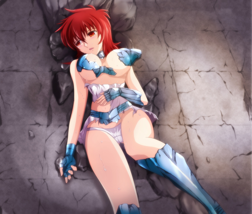 1girl armored_boots blush boots breasts cameltoe crying dress equuleus_shoko fingerless_gloves gauntlets gloves grey_dress groin hair_between_eyes highres indoors looking_away lying mable medium_breasts on_back open_mouth panties red_hair saint_seiya_saintia_sho shattered short_dress short_hair sleeveless sleeveless_dress solo torn_clothes torn_dress underboob underwear white_panties