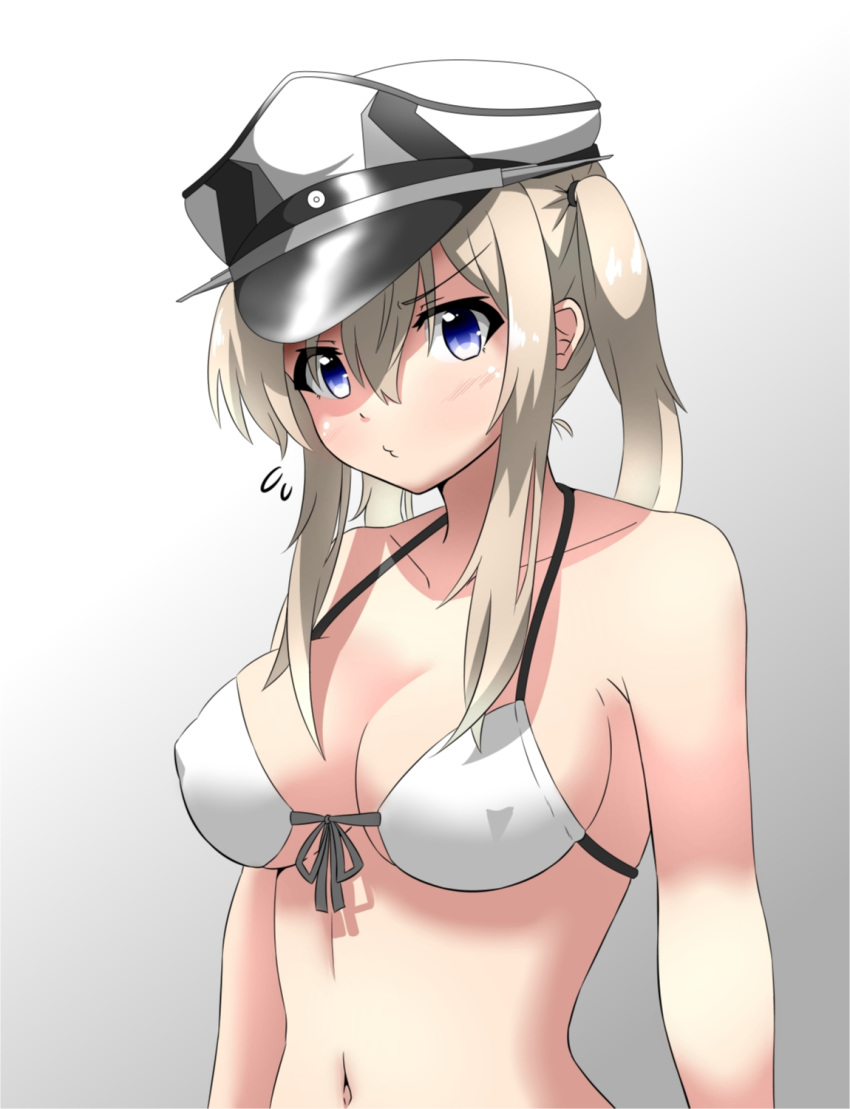 1girl bangs bare_shoulders bikini black_ribbon blonde_hair blue_eyes breasts cleavage closed_mouth collarbone erect_nipples flying_sweatdrops front-tie_bikini front-tie_top gradient gradient_background graf_zeppelin_(kantai_collection) grey_background hair_between_eyes hat highres kantai_collection long_hair looking_at_viewer medium_breasts navel peaked_cap pouty_lips ribbon sakuramai_(sakuramai_0525) sidelocks solo swimsuit twintails upper_body white_bikini white_headwear