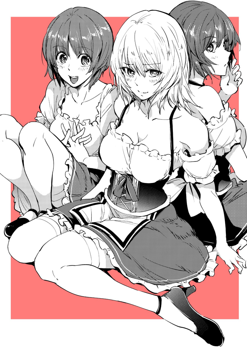 3girls :d alternate_costume apron arm_support back-to-back bangs bonkara_(sokuseki_maou) breasts cleavage closed_mouth commentary corset dirndl dress eyebrows_visible_through_hair frilled_dress frills frown german_clothes girls_und_panzer greyscale hands_together high_heels highres interlocked_fingers itsumi_erika light_blush long_hair looking_at_viewer medium_breasts monochrome multiple_girls nishizumi_maho nishizumi_miho open_mouth outside_border partially_colored pink_background puffy_short_sleeves puffy_sleeves short_dress short_hair short_sleeves siblings sisters sitting smile thighhighs underbust waist_apron wariza
