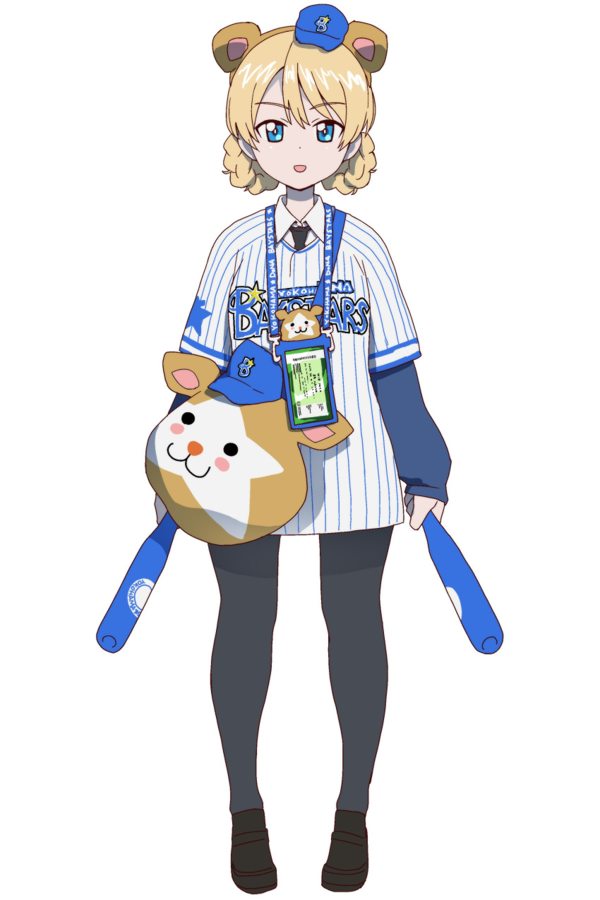 1girl :d absurdres alternate_costume animal_ears baseball_bat baseball_cap baseball_jersey blonde_hair blue_eyes braid darjeeling girls_und_panzer hat highres jersey lanyard necktie nippon_professional_baseball onsen_tamago_(hs_egg) open_mouth pantyhose smile yokohama_dena_baystars