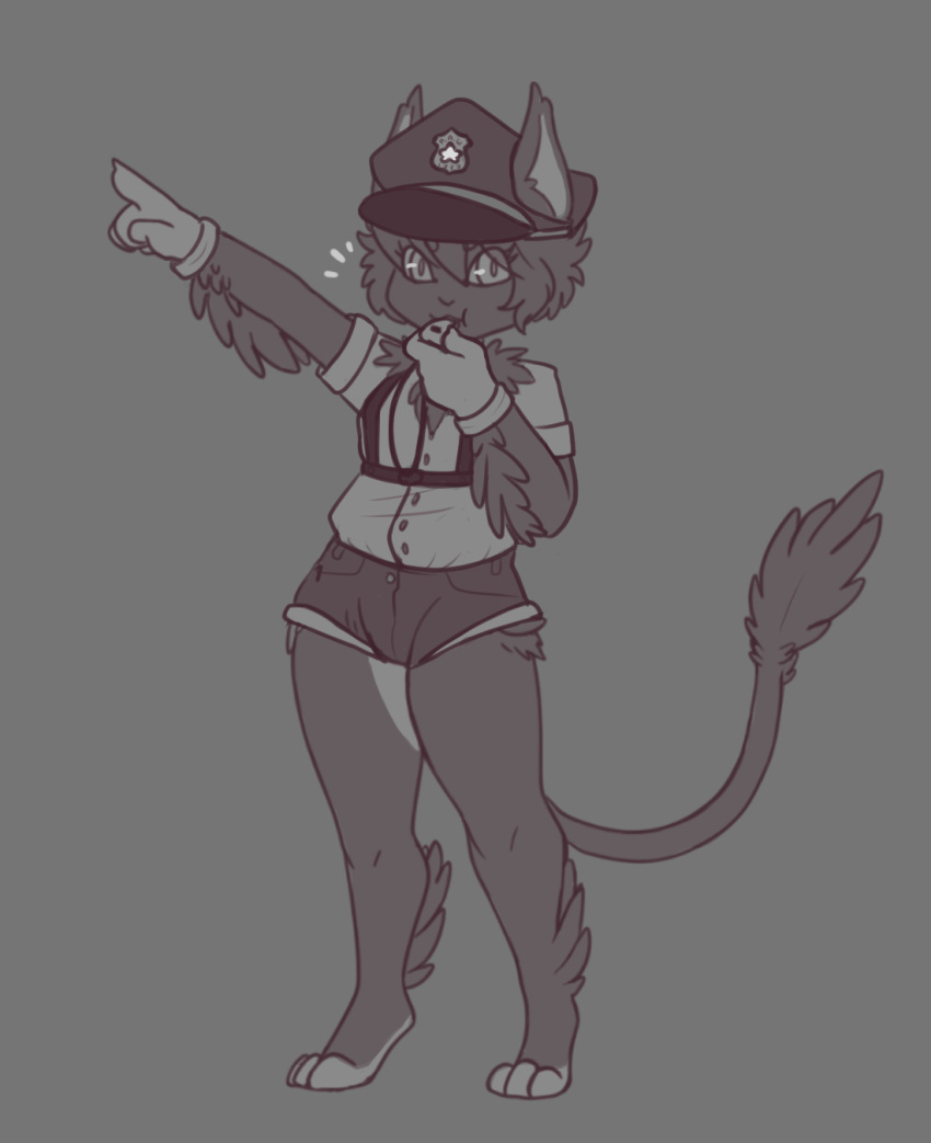 2019 anthro clothed clothing digital_media_(artwork) feathers female fluffy gloves hi_res hybrid mammal monochrome owlcat pafu_(artist) pafu_(character) pointing police_officer shorts solo uniform whistle