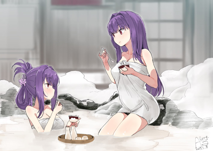 2girls alcohol alternate_hairstyle architecture bath bathing blush breasts choko_(cup) cleavage collarbone commentary_request cup dated east_asian_architecture eyebrows_visible_through_hair fate/grand_order fate_(series) hair_ornament hairclip holding holding_spoon ice_cream_cup long_hair looking_at_another medium_breasts multiple_girls naked_towel night onsen outdoors partially_submerged pinky_out purple_hair red_eyes rkrk rock sake scathach_(fate)_(all) scathach_(fate/grand_order) scathach_skadi_(fate/grand_order) signature smile spoon spoon_in_mouth steam tokkuri towel water white_towel