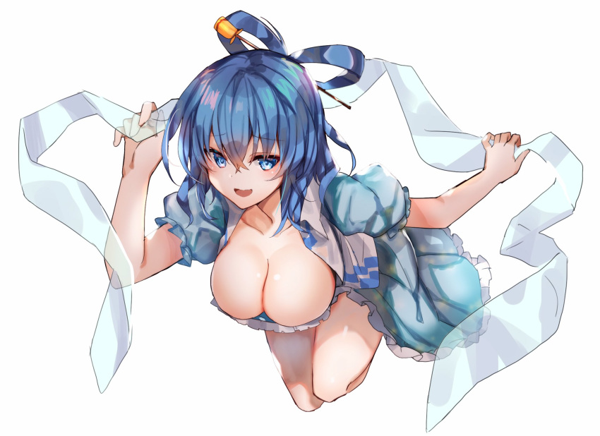 1girl :d amamitsu_kousuke bangs blue_dress blue_eyes blue_hair blush breasts cleavage collarbone commentary_request dress eyebrows_visible_through_hair hair_between_eyes hair_ornament hair_rings hair_stick hands_up highres kaku_seiga large_breasts leaning_forward looking_at_viewer open_mouth petticoat shawl simple_background smile solo thighs touhou vest white_background white_vest wing_collar