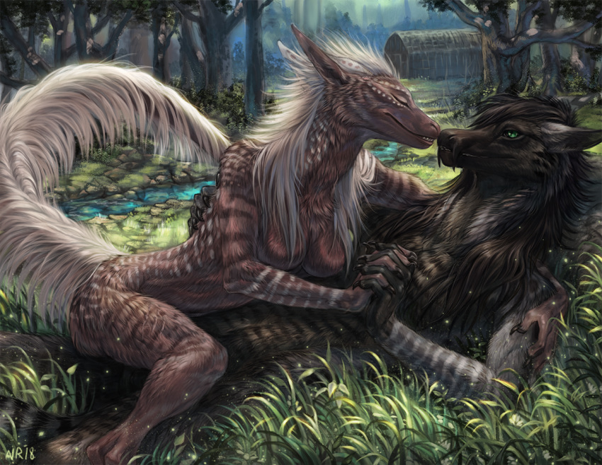 2019 5_fingers black_fur breasts day detailed_background digital_media_(artwork) dragon female fur furred_dragon grass green_eyes hand_holding holding_(disambiguation) lying male on_back outside romantic_couple sky smile tatchit