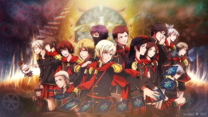 6+boys 6+girls ace_(fft-0) akademeia_uniform bangs black_hair blonde_hair blue_eyes blush bow braid brown_eyes brown_hair cape card cater_(fft-0) cinque_(fft-0) deuce_(fft-0) drill_hair eight_(fft-0) everyone final_fantasy final_fantasy_type-0 fingerless_gloves flute glasses gloves green_eyes gun hair_over_one_eye handgun highres holding holding_gun holding_spear holding_sword holding_weapon instrument jack_(fft-0) jacket katana king_(fft-0) kunagiri_machina kuromai long_hair looking_at_viewer multiple_boys multiple_girls nine_(fft-0) open_mouth pistol plaid plaid_skirt pleated_skirt polearm ponytail purple_eyes purple_hair queen_(fft-0) red_cape red_eyes red_hair scar scarf school_uniform scythe seven_(fft-0) short_hair sice_(fft-0) silver_hair skirt smile spear sword thighhighs tokimiya_rem trey_(fft-0) uniform weapon whip white_hair zettai_ryouiki