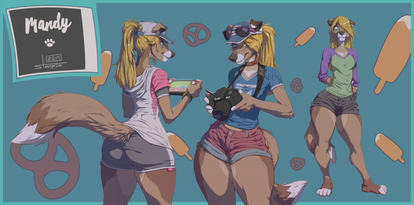 anthro butt_pose camera canid canine canis clothed clothing dessert domestic_dog eyewear female food hat hi_res ice_cream mammal model_sheet multiple_images multiple_posese nintendo nintendo_switch solo standing stoopix sunglasses thick_thighs video_games wide_hips