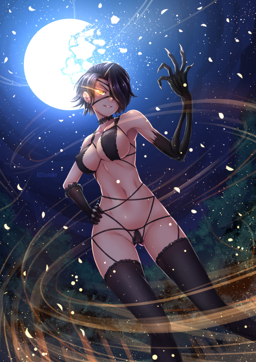 1girl adsouto black_hair breasts broken broken_moon cinder_fall evil_smile glowing glowing_eye hair_over_one_eye highres large_breasts looking_at_viewer moon moonlight rwby scar short_hair smile star_(sky) tagme yellow_eyes