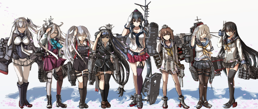 6+girls absurdres ahoge asashimo_(kantai_collection) asymmetrical_legwear belt black_hair black_jacket black_legwear blazer blue_headband blue_skirt bodysuit boots breasts brown_eyes brown_footwear brown_hair cannon cape clothes_writing commentary_request cross-laced_footwear dress eyes_closed facing_viewer full_body garter_straps gloves grey_cape grey_footwear grey_legwear hachimaki hair_ornament hair_over_one_eye hair_ribbon hair_scrunchie hairclip halterneck hamakaze_(kantai_collection) hatsushimo_(kantai_collection) headband highres isokaze_(kantai_collection) jacket kantai_collection kasumi_(kantai_collection) lace-up_boots large_breasts loafers long_hair long_sleeves looking_at_viewer low-tied_long_hair machinery midriff miniskirt multiple_girls navel neckerchief necktie one_side_up pantyhose pinafore_dress pleated_skirt ponytail purple_dress purple_scrunchie red_eyes red_ribbon red_skirt remodel_(kantai_collection) ribbon rudder_shoes sailor_dress salute school_uniform scrunchie seitei_(04seitei) serafuku shirt shoes short_hair short_sleeves side_ponytail sidelocks silver_hair simple_background single_thighhigh skirt sleeveless sleeveless_dress smokestack speaking_tube_headset suzutsuki_(kantai_collection) thighhighs torpedo_launcher torpedo_tubes tress_ribbon turret white_background white_bodysuit white_gloves white_headband white_shirt white_skirt yahagi_(kantai_collection) yellow_neckwear yukikaze_(kantai_collection)