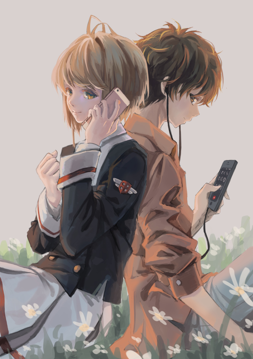 1boy 1girl absurdres antenna_hair back-to-back bangs brown_hair brown_shirt card_captor_sakura cellphone clenched_hand closed_mouth commentary_request earbuds earphones grass grey_background highres holding holding_cellphone holding_phone kinomoto_sakura li_xiaolang long_sleeves making-of_available phone pleated_skirt school_uniform shirt short_hair simple_background sitting skirt smartphone smile tomoeda_middle_school_uniform white_skirt xiaobanbei_milk