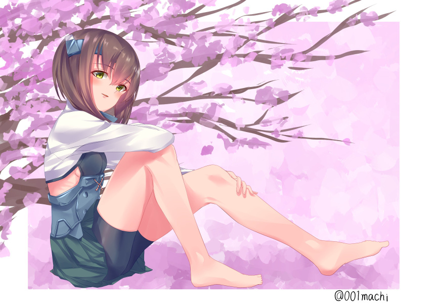 001machi 1girl absurdres arms_on_knees barefoot bike_shorts bow_(weapon) brown_eyes brown_hair cherry_blossoms commentary_request crossbow flat_chest full_body grey_skirt headgear highres kantai_collection muneate no_nose pleated_skirt short_hair sitting skirt solo taihou_(kantai_collection) twitter_username weapon