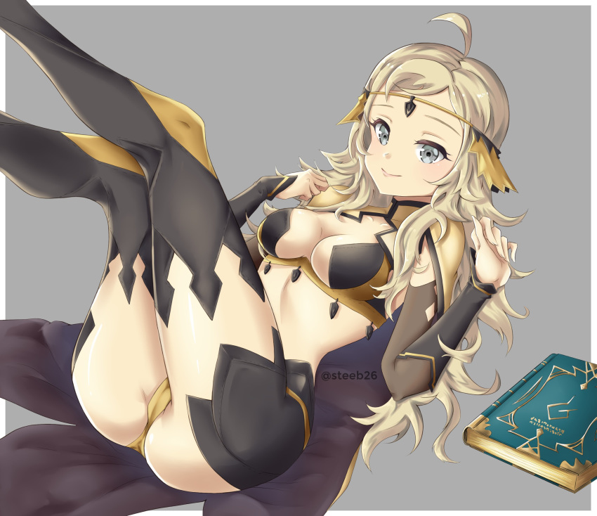 1girl absurdres ahoge blonde_hair book breasts cape center_opening circlet closed_mouth fire_emblem fire_emblem_if grey_background grey_eyes highres legs_up long_hair lying medium_breasts nintendo on_back ophelia_(fire_emblem_if) simple_background smile solo steeb26 thighhighs twitter_username