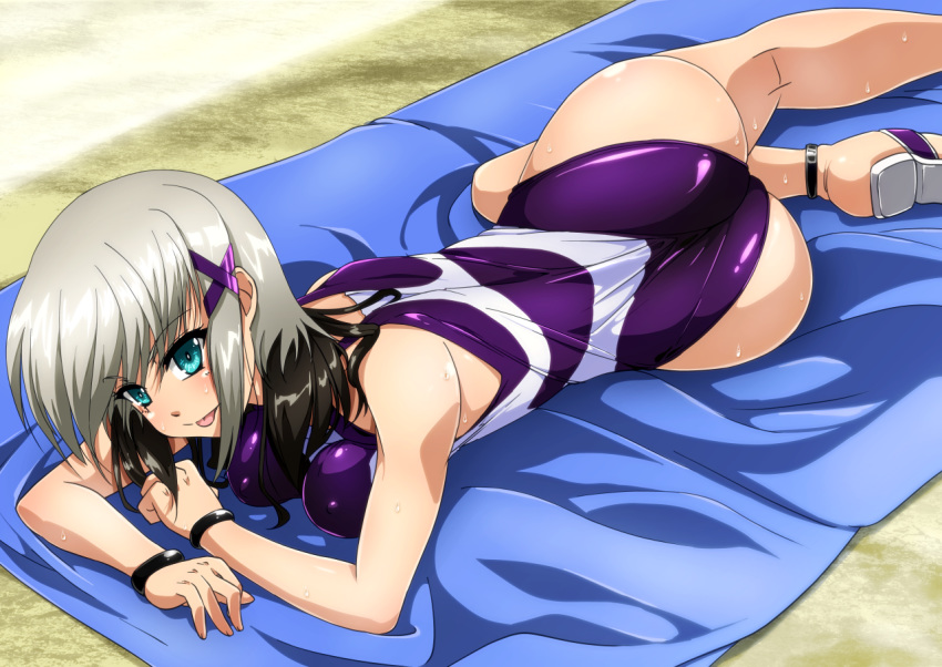 1girl :p aqua_eyes ass black_hair blush breasts dark_persona erect_nipples hair_ornament looking_at_viewer lying lyrical_nanoha mahou_shoujo_lyrical_nanoha mahou_shoujo_lyrical_nanoha_a's material-d medium_breasts multicolored_hair on_side one-piece_swimsuit outdoors purple_swimsuit sand sandals shiny shiny_hair shiny_skin short_hair silver_hair smile solo sweat swimsuit tappa_(esperanza) tongue tongue_out towel x_hair_ornament