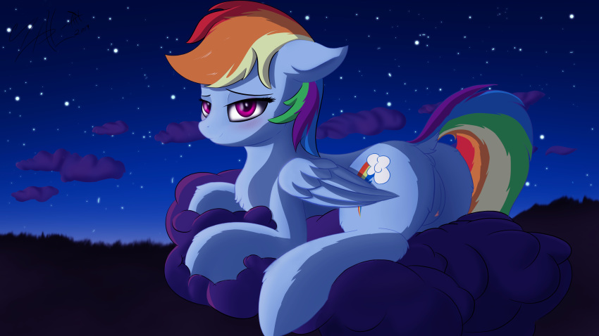 16:9 2019 absurd_res bedroom_eyes blush butt cloud cutie_mark dock equid equine feathered_wings feathers female feral friendship_is_magic hair half-closed_eyes hi_res looking_at_viewer looking_back mammal multicolored_hair my_little_pony night on_cloud pterippus purple_eyes pussy rainbow_dash_(mlp) rainbow_hair seductive smile solo wings