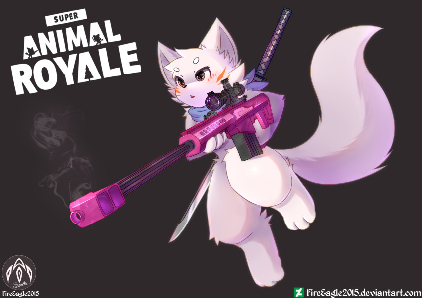 2019 blush canid canine canis gun hi_res jumping katana lyricwulf male mammal melee_weapon ranged_weapon senz smoke sniper solo super_animal_royale sword weapon wolf